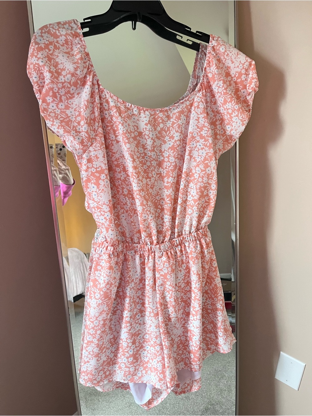 Pink Lily Peach Floral Romper (open back)